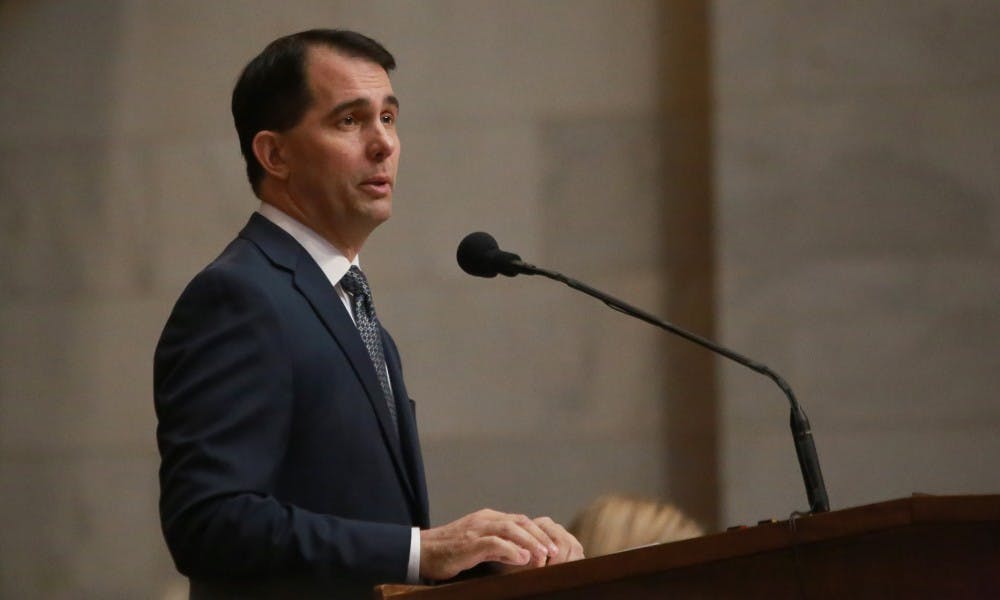 Walker visited schools across Wisconsin Tuesday to promote legislation to increase state aid for rural schools.