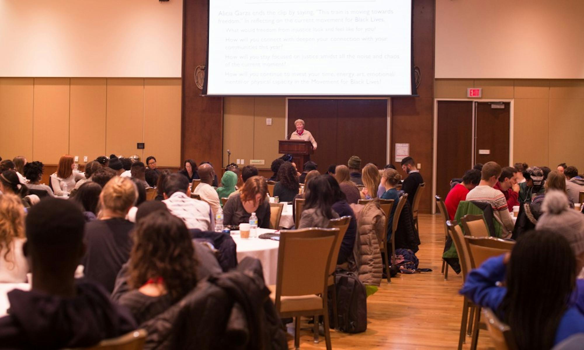 Dean of Students Lori Berquam delivered closing remarks to a filled Varsity Hall for the first UW-Madison Martin Luther King, Jr. celebration.&nbsp;