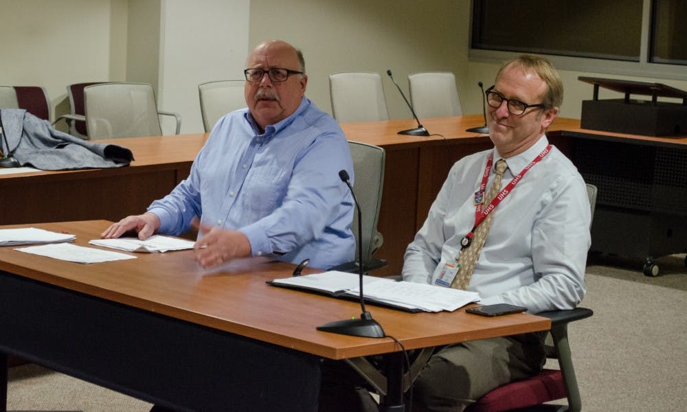 Arnold Jennerman and Bill Kinsey, interim co-directors for University Health Services, presented a budget proposal for 2018-19 to the Student Services Finance Committee.&nbsp;