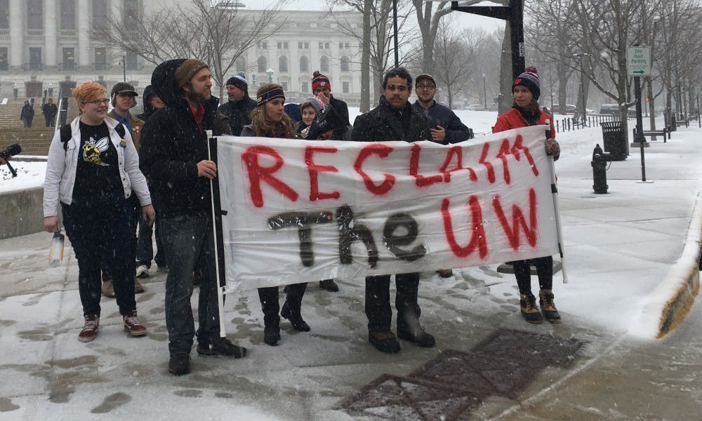 System students gathered in Madison to protest what they called an attack on the Wisconsin Idea.