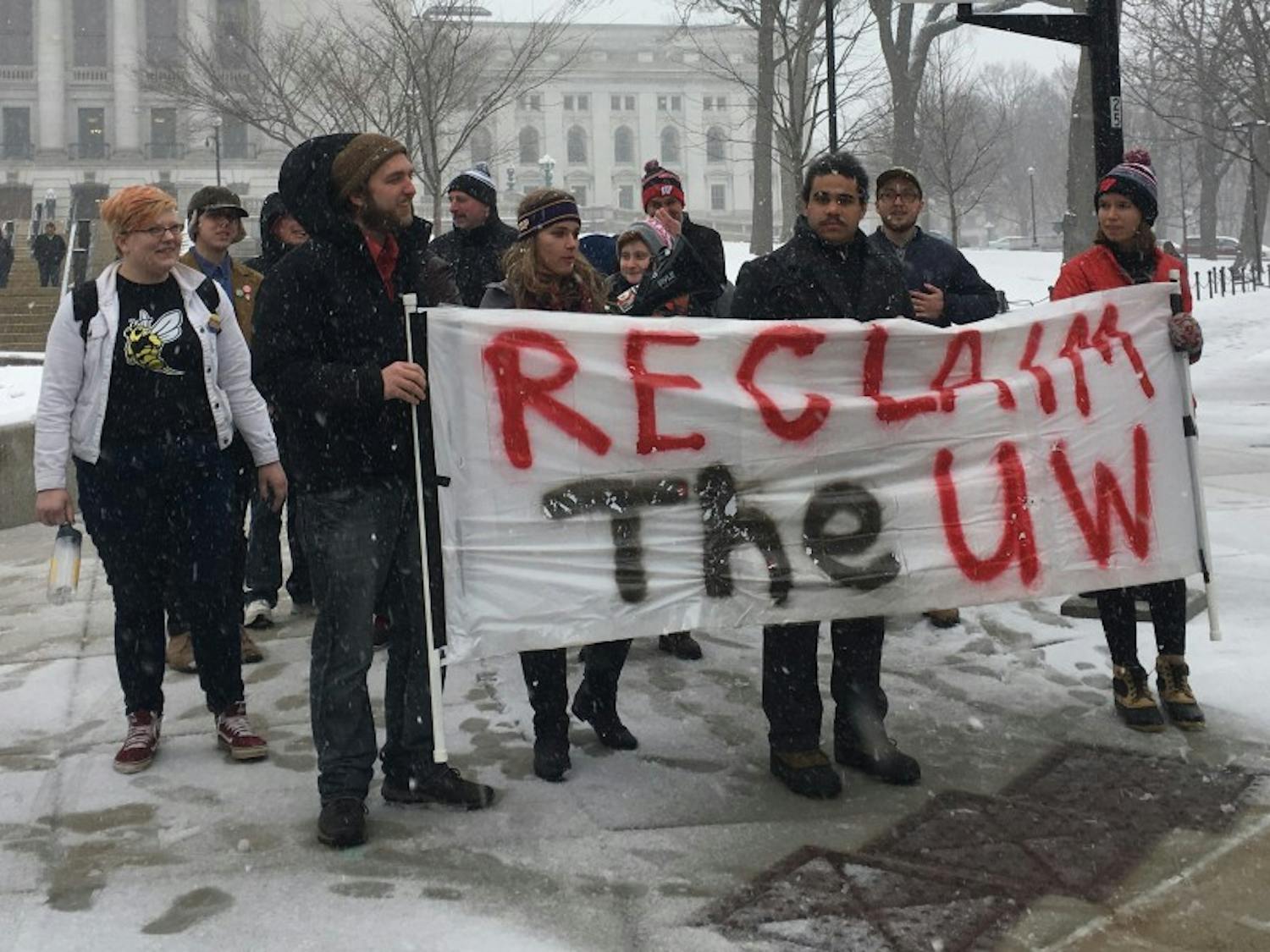 System students gathered in Madison to protest what they called an attack on the Wisconsin Idea.