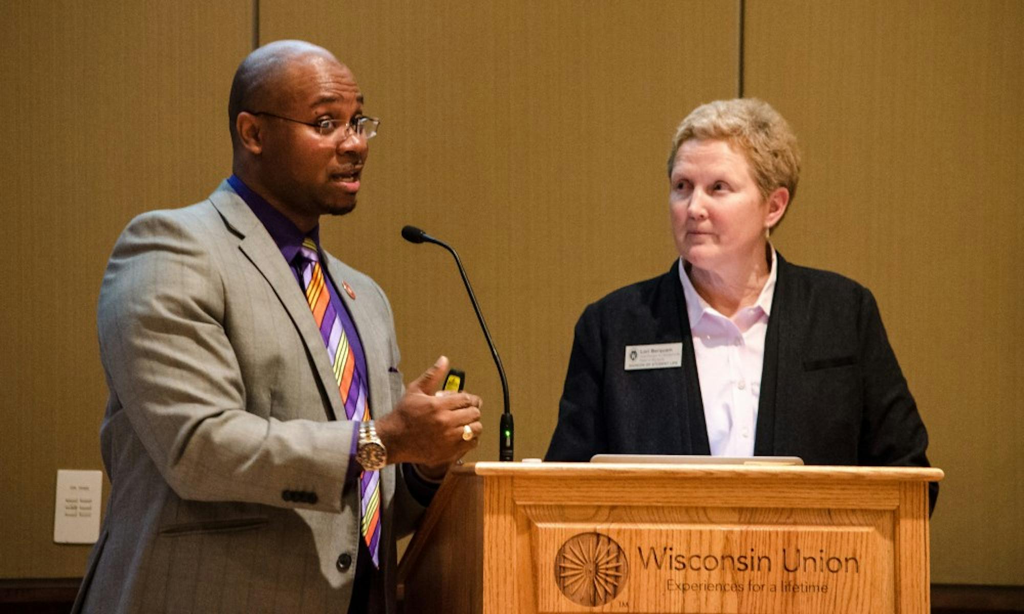 Vice Provost for Diversity and Climate Patrick Sims and Dean of Students Lori Berquam fielded questions from approximately 30 students Monday ranging from funding for multicultural group centers to how the university responds to issues of diversity.