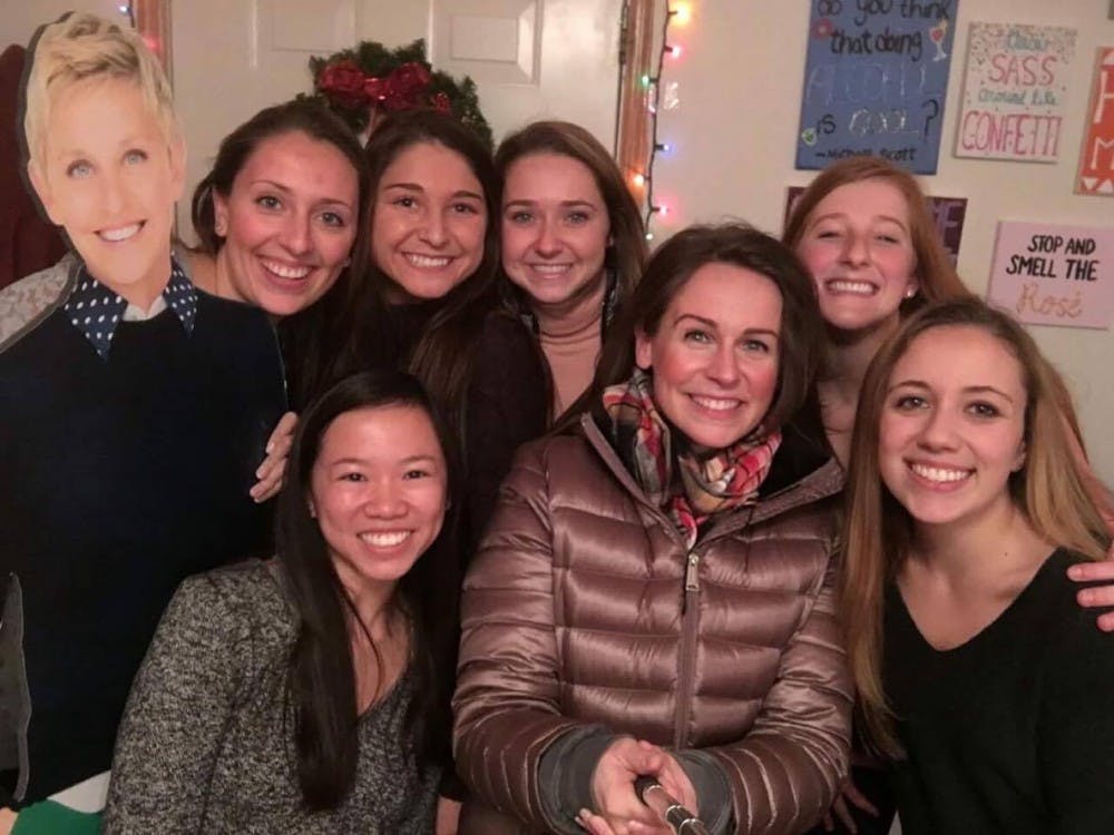 UW-Madison roommates (from left) Sara Endres, Maddie Kreis, Maddie Hottinger, Makaia Frober, Becca Strigenz and Maddie Weston sit with Jeannie Klisiewicz of The Ellen Degeneres show during her surprise visit to bring gifts the students won.