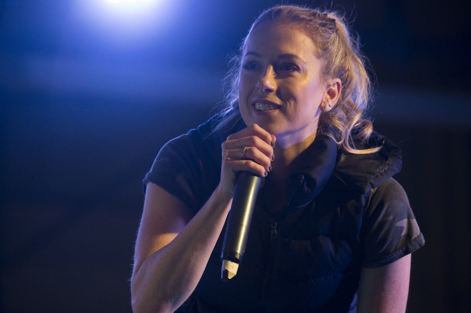 Comedian Iliza Shlesinger performs during Chairman’s USO Holiday Tour at Morón Air Base Dec. 21, 2017. Marine Corps Gen. Joe Dunford, chairman of the Joint Chiefs of Staff, and Army Command Sgt. Maj. John W. Troxell, senior enlisted advisor to the chairman, along with USO entertainers, visited service members who are deployed during the holidays at various locations across Europe and the Middle East. This year’s entertainers were Chef Robert Irvine, wrestler Gail Kim, comedian Iliza Shlesinger, actor Adam Devine, country musician Jerrod Niemann, and WWE Superstars “The Miz” and Alicia Fox. (DoD photo by Navy Petty Officer 1st Class Dominique A. Pineiro/Released)