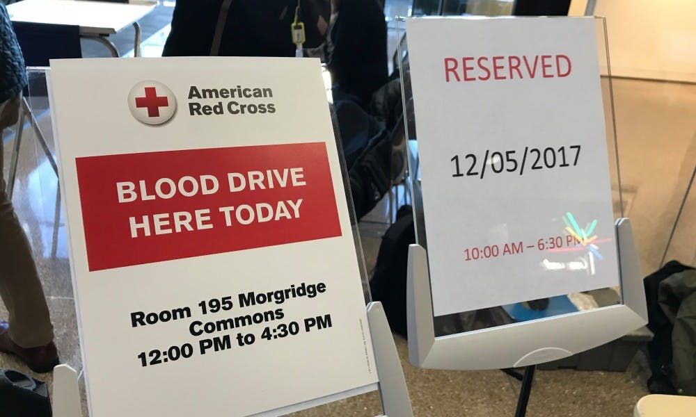 Students lined up to donate blood at UW-Madison School of Education on Tuesday afternoon.