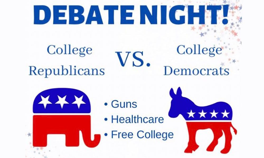 Poster for a debate between the College Republicans and the College Democrats.