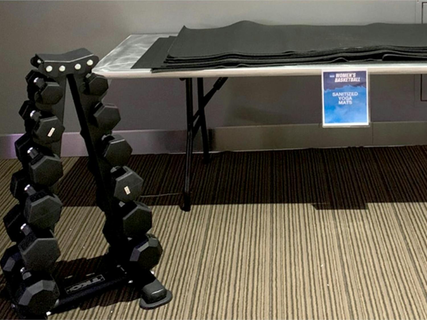Photo of the original weight room at the 2021 NCAA Women's National Basketball Tournament.