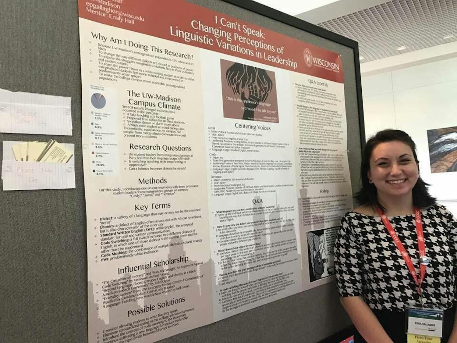UW-Madison junior Erika Gallagher stands by a poster that showcased her research on the students who code switch from Ebonics to conventional English vernacular at the Collegiate Conference on Composition and Communication in Portland, Ore. earlier this semester.