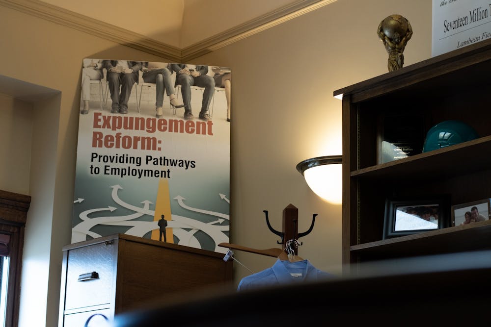 <p>A sign advocating for expungement reform in Representative David Steffen’s (R-Green Bay) capitol office in Madison, Wisconsin</p>
