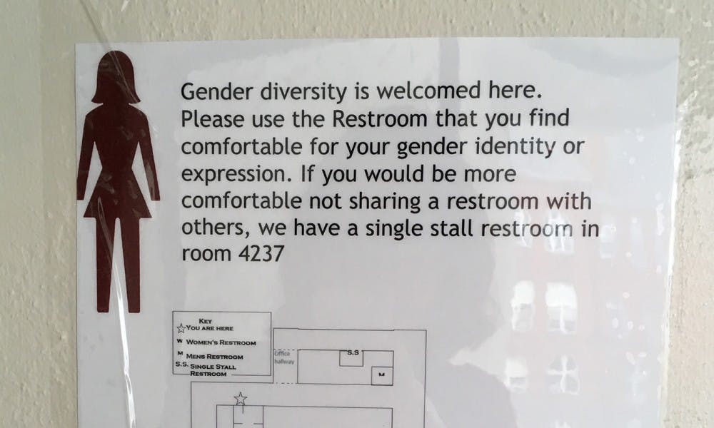 The LGBT Campus Center created a template to serve as a model for signs such as this, which is placed next to what was previously labeled a women’s restroom on the fourth floor of Helen C. White Hall.