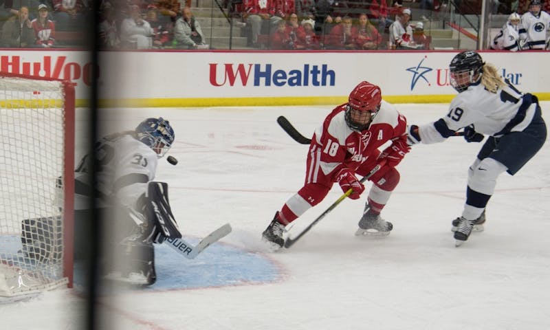 Wisconsin's Abby Roque in front of net in the Badgers' 7-0 win over Penn State. Roque had two goals in the win. 