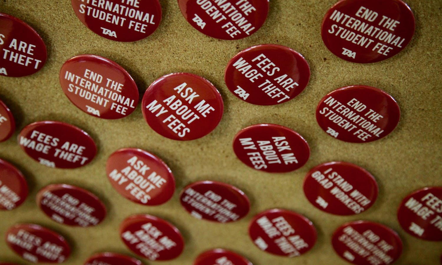 Photo of buttons which say "ask me about my fees" and "end the international student fee".