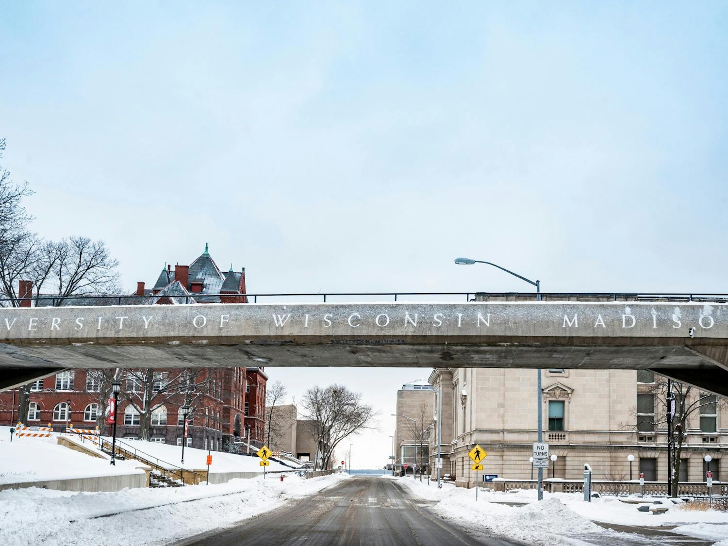 Pictures the UW-Madison campus in the snow and the footbridge between Bascom Hill and Mosse Humanities