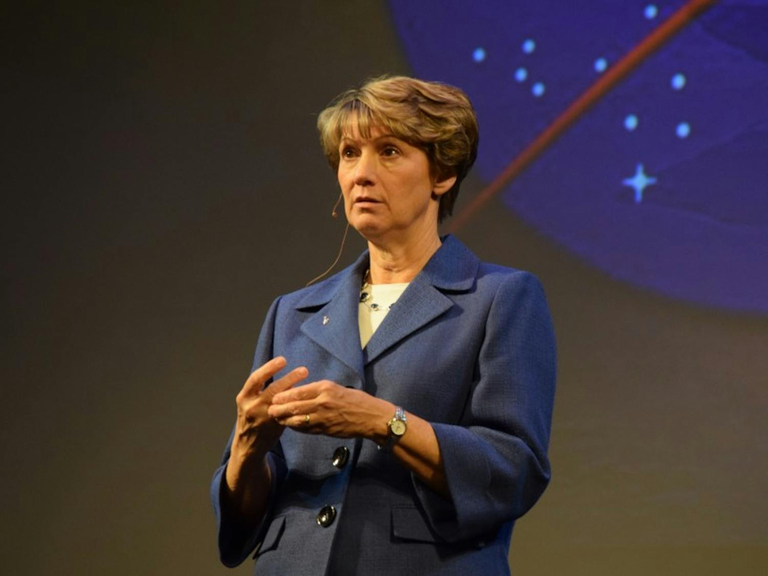 Colonel Eileen Collins, the first woman to pilot and command a NASA space shuttle, spoke as part of Wisconsin Union Directorate’s Distinguished Lecture Series Monday.