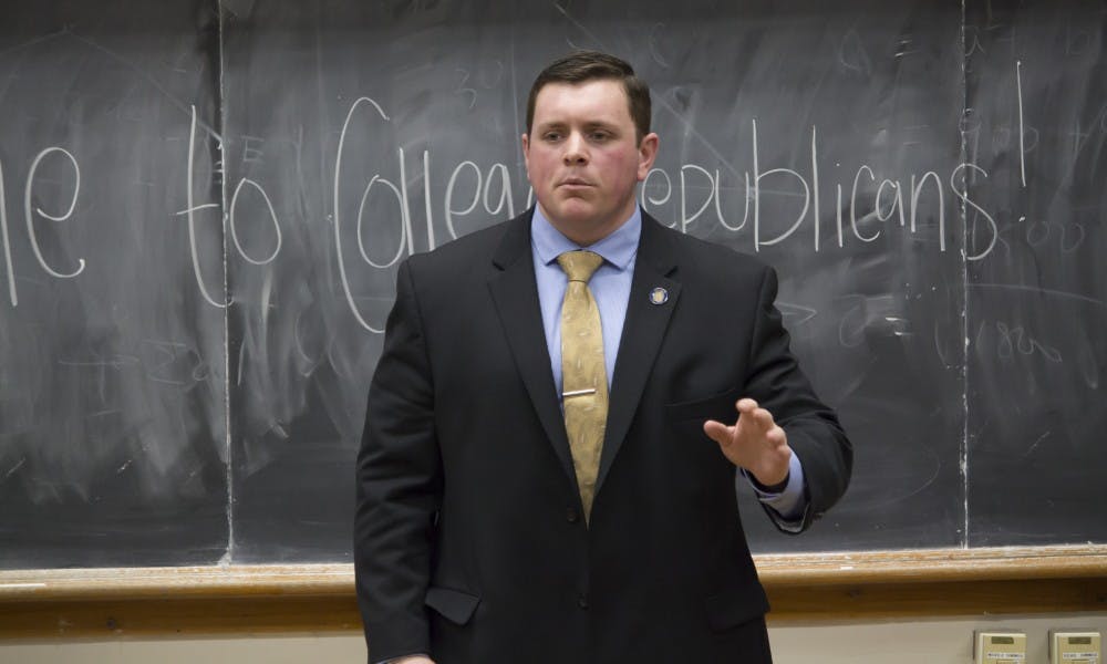 State Sen. Patrick Testin spoke at a College Republican meeting Tuesday night about his upcoming legislation.