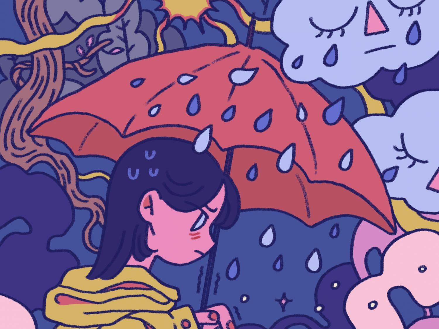 Girl walking thought the rain looking sad.