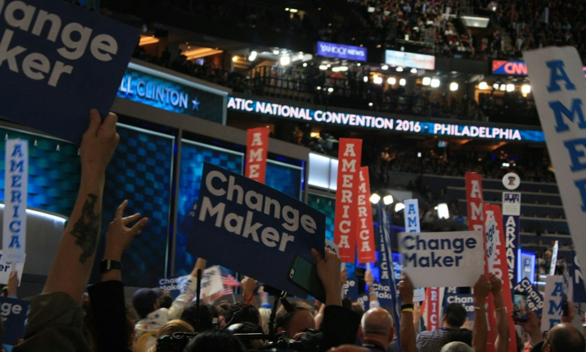 Supporters waved signs Tuesday&nbsp;as Hillary Clinton became the first female presidential nominee of any major party in the American history.