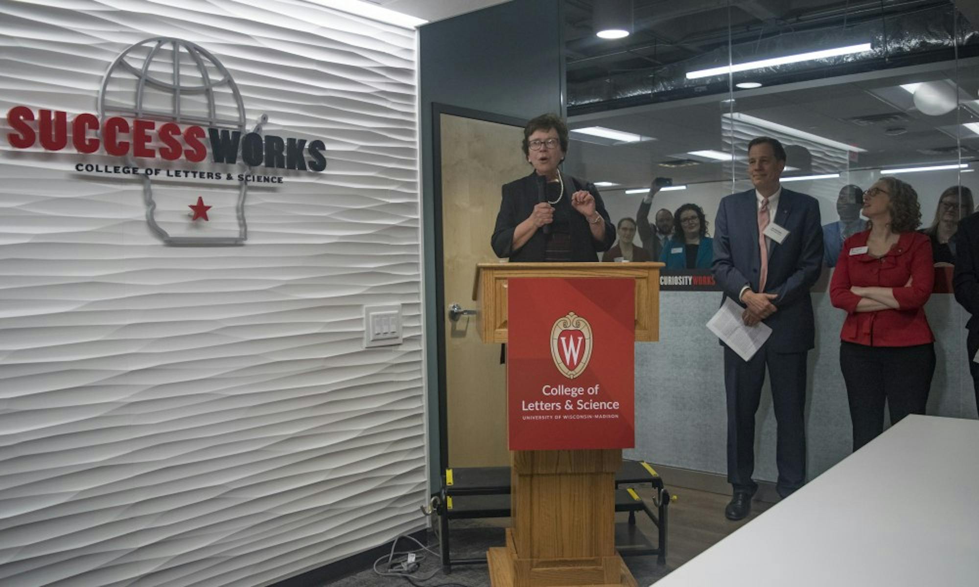 Chancellor Rebecca Blank spoke at the&nbsp;SuccessWorks grand opening Wednesday on the third floor of the University Book Store.