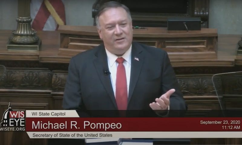 Secretary of State Mike Pompeo delivered a foreign policy address at the Capitol Wednesday, which some Democrats saw as a campaign event. 