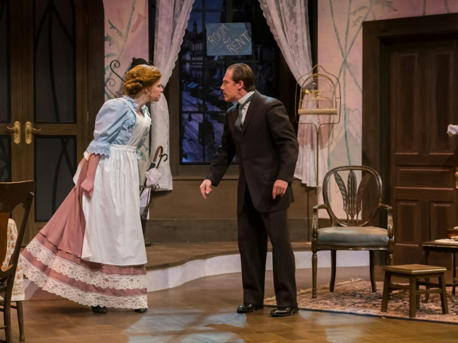 Kerry Billings and Kyle Wessel star in University Theatre's production of "The Underpants," showing from April 13 to 30 at Mitchell Theatre.