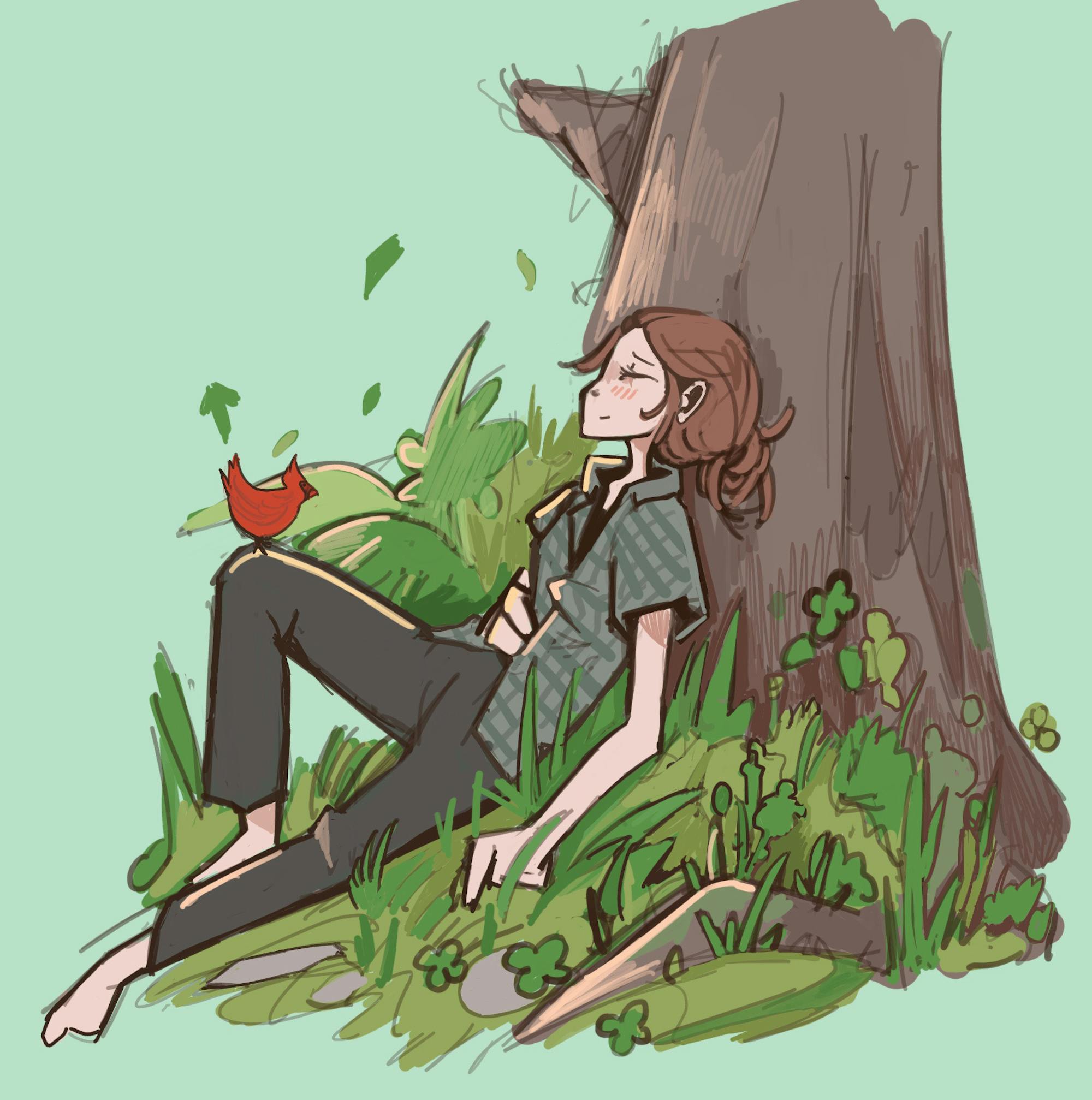 Graphic of a women sitting against a tree &nbsp;with a cardinal perched on her knee.