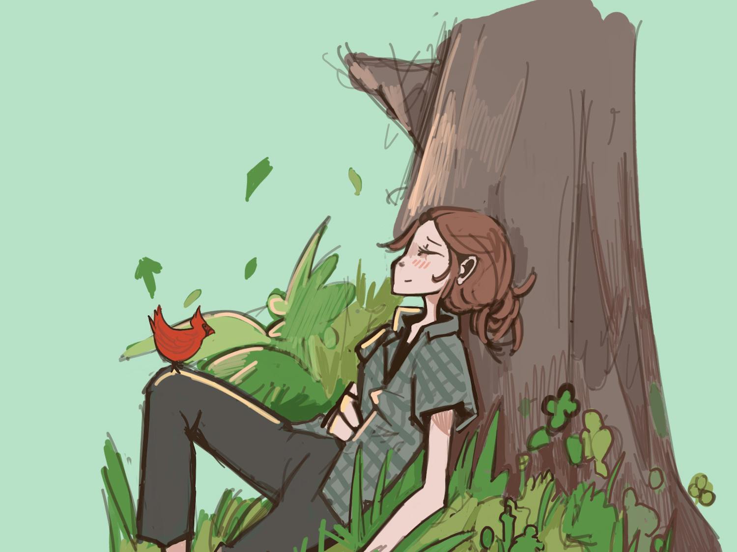 Graphic of a women sitting against a tree with a cardinal perched on her knee.