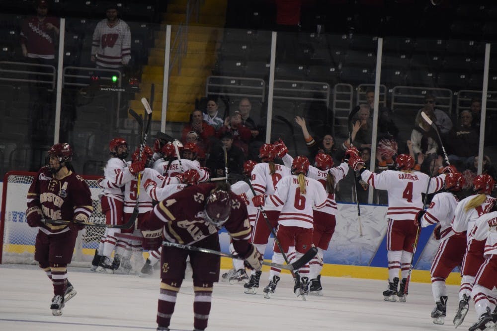 Wisconsin celebrates its win over Boston College in the national semi-final, which sent them to the national title, a contest which they dropped to Clarkson.&nbsp;