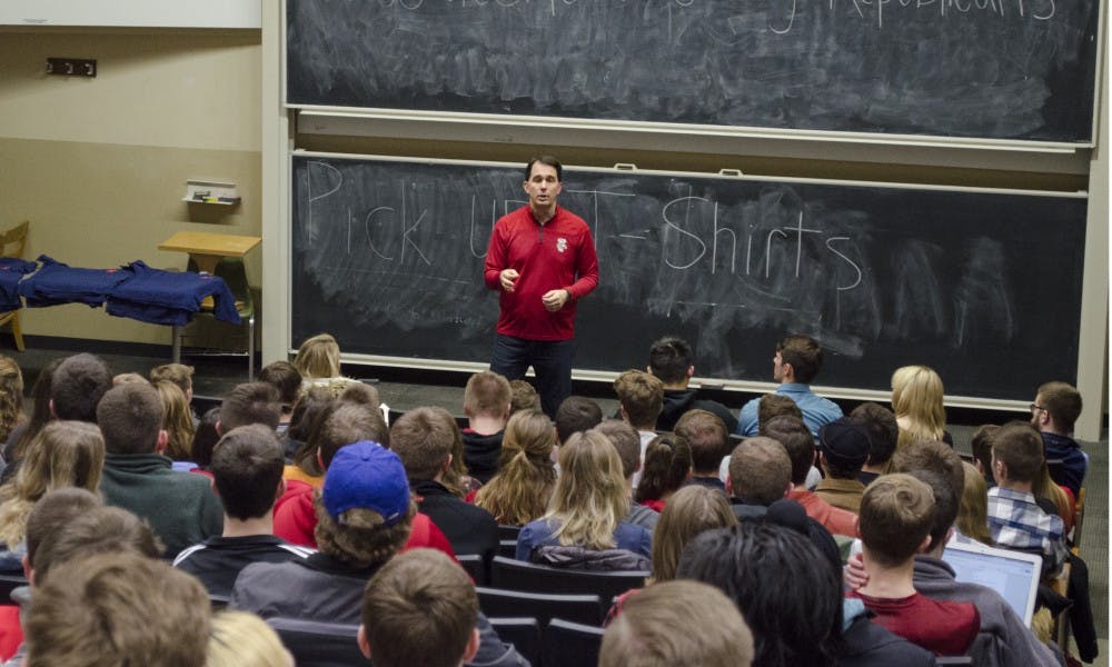 Gov. Scott Walker spoke to students at the College Republicans spring kick-off event, intending to mobilize young conservatives in the midst of a potentially difficult state election cycle.