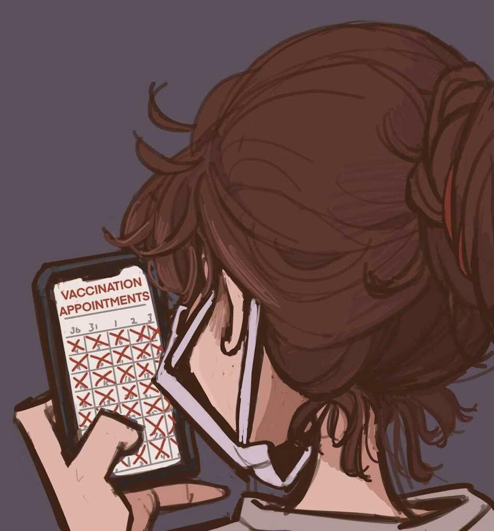 Graphic depicting a women searching for Covid-19 vaccine appointments on her cell phone.