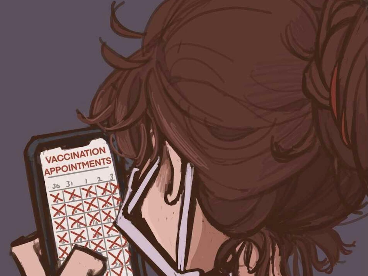 Graphic depicting a women searching for Covid-19 vaccine appointments on her cell phone.