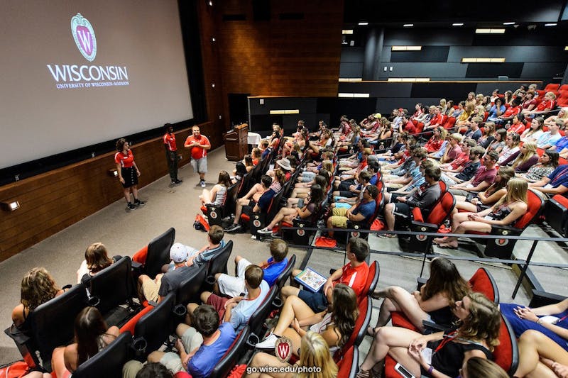 From left to right, new-student leaders Selin Gok, Kennedie King and Justin Sparapani -- who are also members of the First Wave Hip Hop and Urban Arts Learning Community -- present an emotional performance based on themes of oppression and acceptance in front of a group of incoming first-year undergraduates during a Student Orientation, Advising and Registration (SOAR) session at Union South at the University of Wisconsin-Madison on June 20, 2016. Sponsored by the Center for the First-Year Experience, the two-day SOAR sessions provide new students and their parents and guests an opportunity to meet with staff and advisors, register for classes, stay in a residence hall, take a campus tour and learn about campus resources. (Photo by Jeff Miller/UW-Madison)