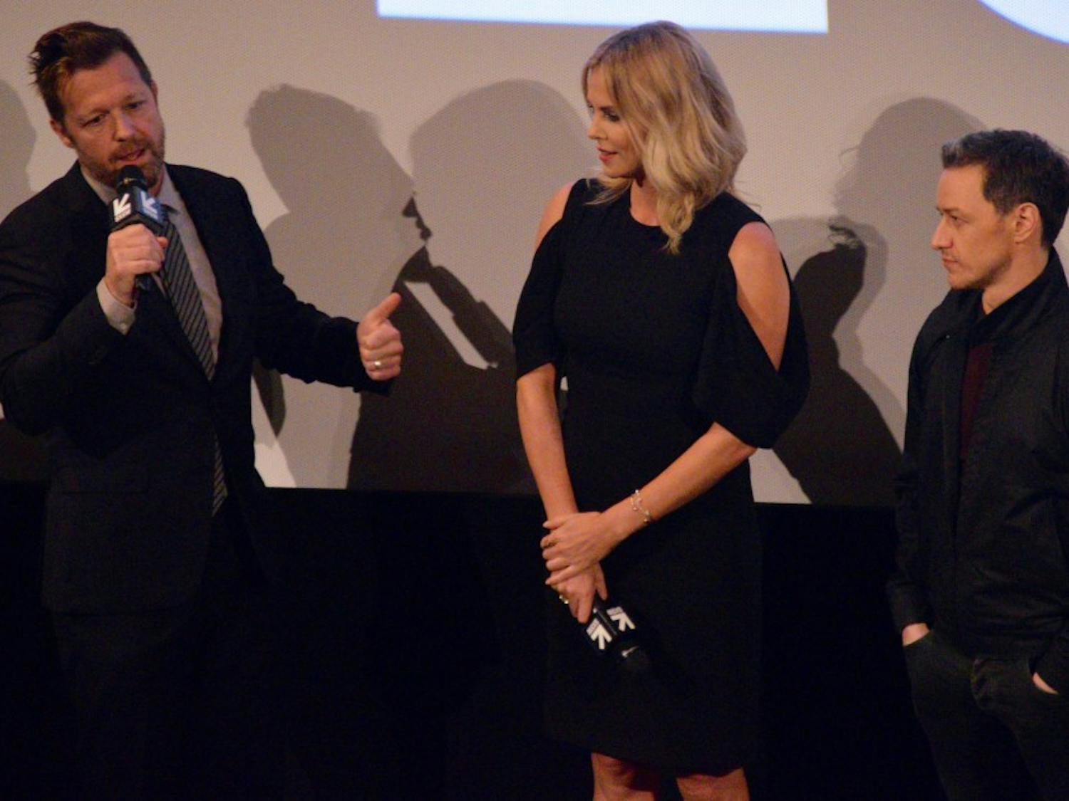 From Left: David Leitch, Charlize Theron and James McAvoy talk about "Atomic Blonde."