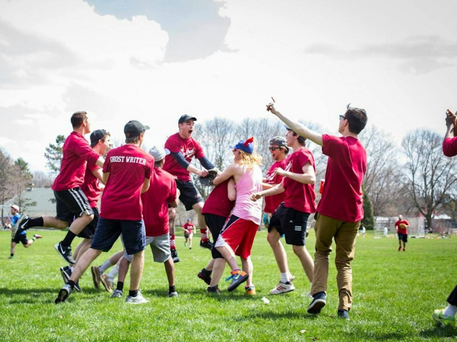 The Dirty Birds celebrating their 7-5 victory in a softball game against the Badger Herald&nbsp;in 2016. Analysts say the margin will be much larger this year, which has prompted speculation that the Gentle Clowns might not show up Saturday.