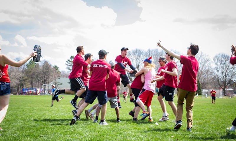 The Dirty Birds celebrating their 7-5 victory in a softball game against the Badger Herald in 2016. Analysts say the margin will be much larger this year, which has prompted speculation that the Gentle Clowns might not show up Saturday.