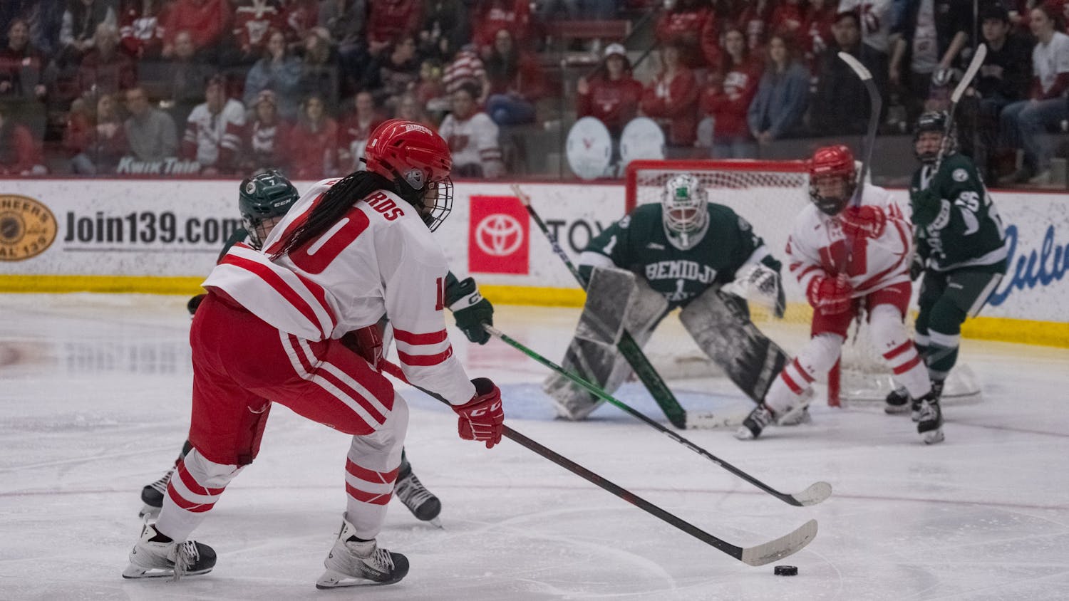 PHOTOS: The No. 1 Wisconsin Badgers women's hockey team defeated the Bemidji State Beavers 7-0 on Friday before eking out a 3-2 overtime victory on Saturday to advance to the WCHA Final Faceoff.