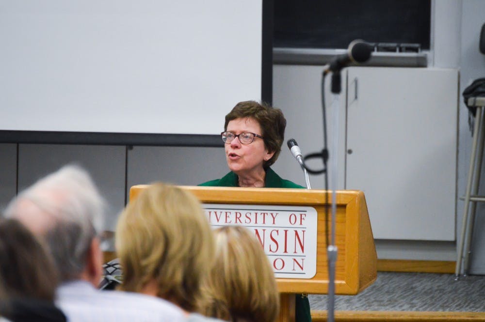 Chancellor Rebecca Blank addressed the Faculty Senate before a discussion on post-tenure review policy.&nbsp;