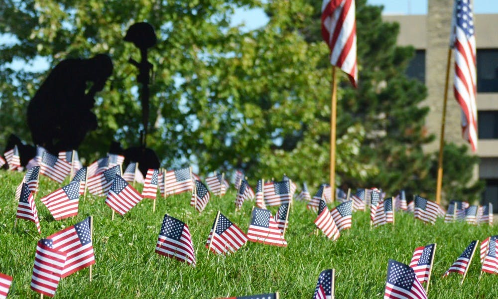 UW-Madison’s College Democrats and College Republicans were joined by Veterans, Educators and Traditional Students (VETS) for a 9/11 memorial on Bascom Hill Monday.