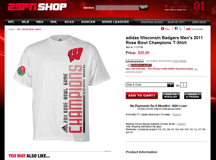 Website lists Wisconsin Rose Bowl Championship shirts for sale