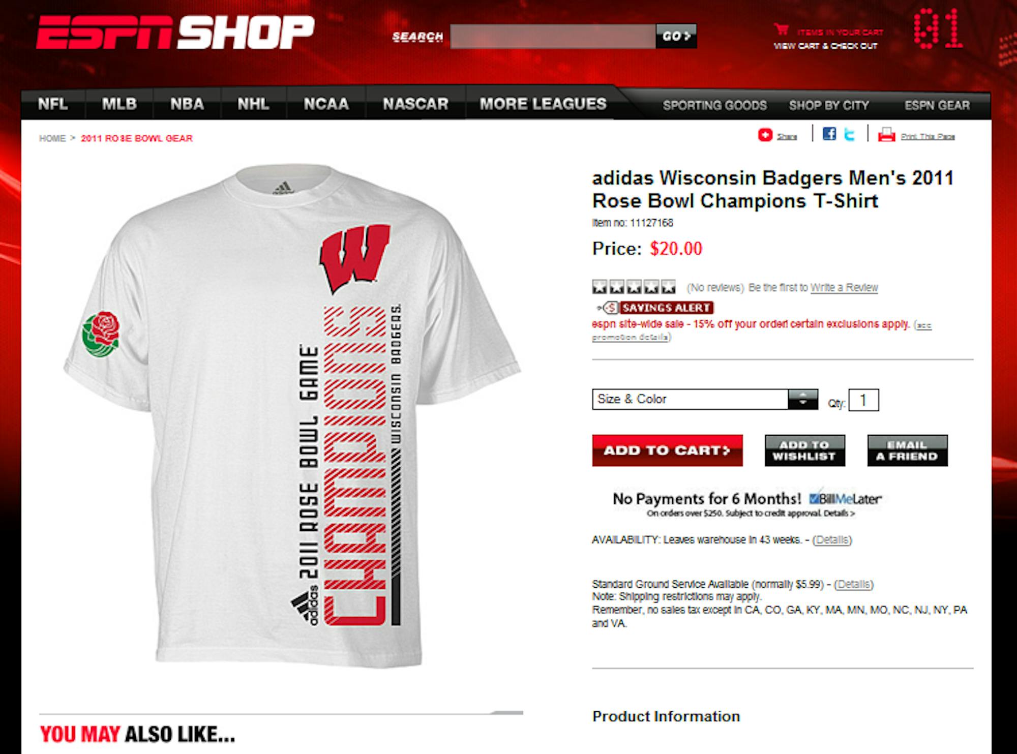 Website lists Wisconsin Rose Bowl Championship shirts for sale