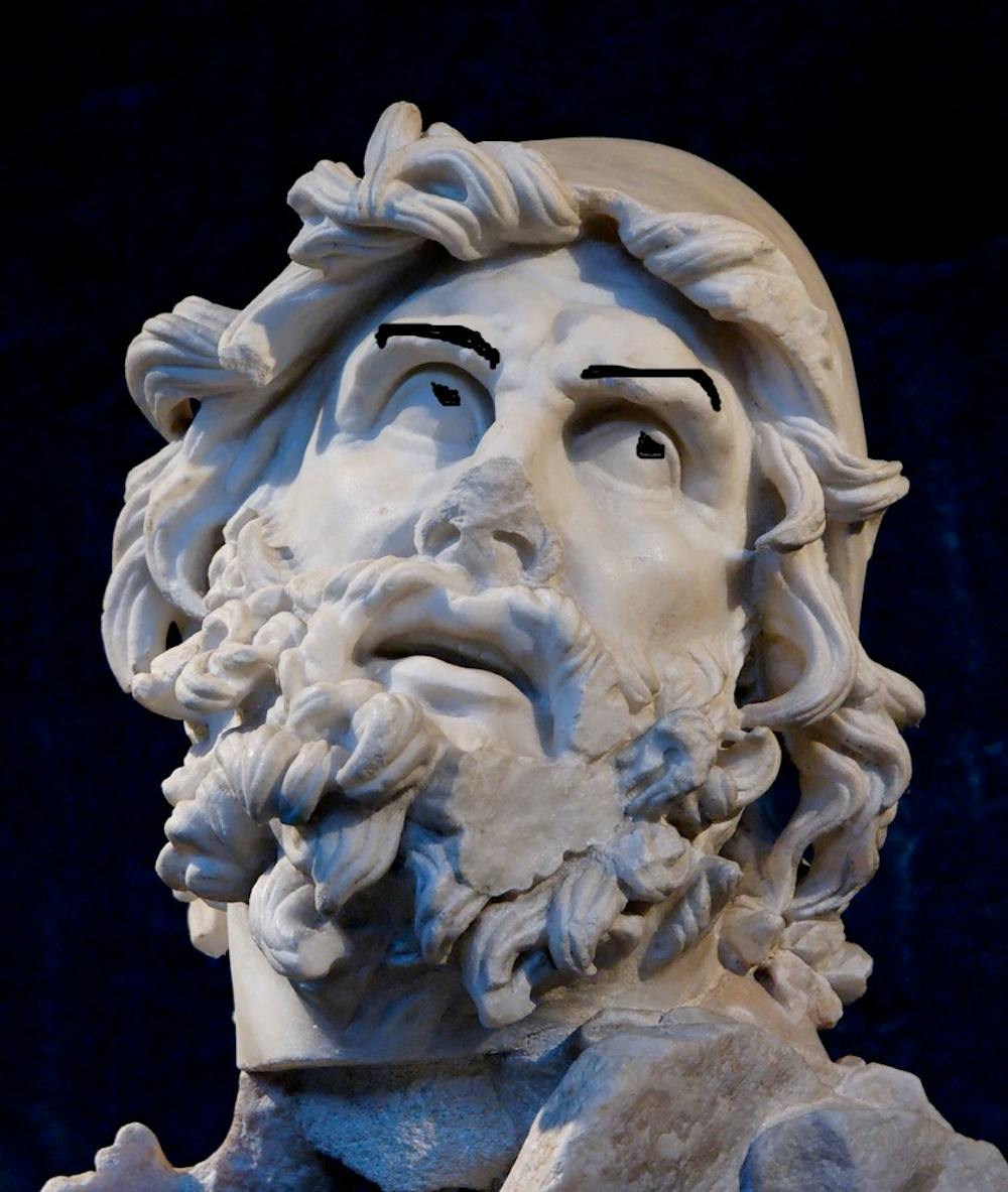 Odysseus pictured rolling his eyes while speaking of his home country.