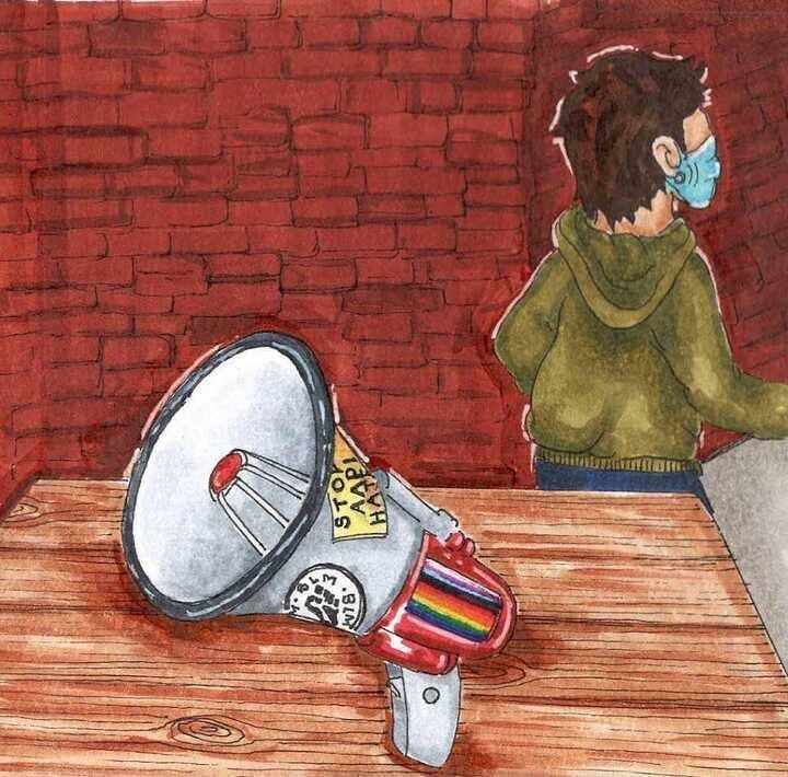 Graphic of a student activist and a microphone on the table with a BLM sticker, Pride flag, and a sticker that says "Stop Hate."