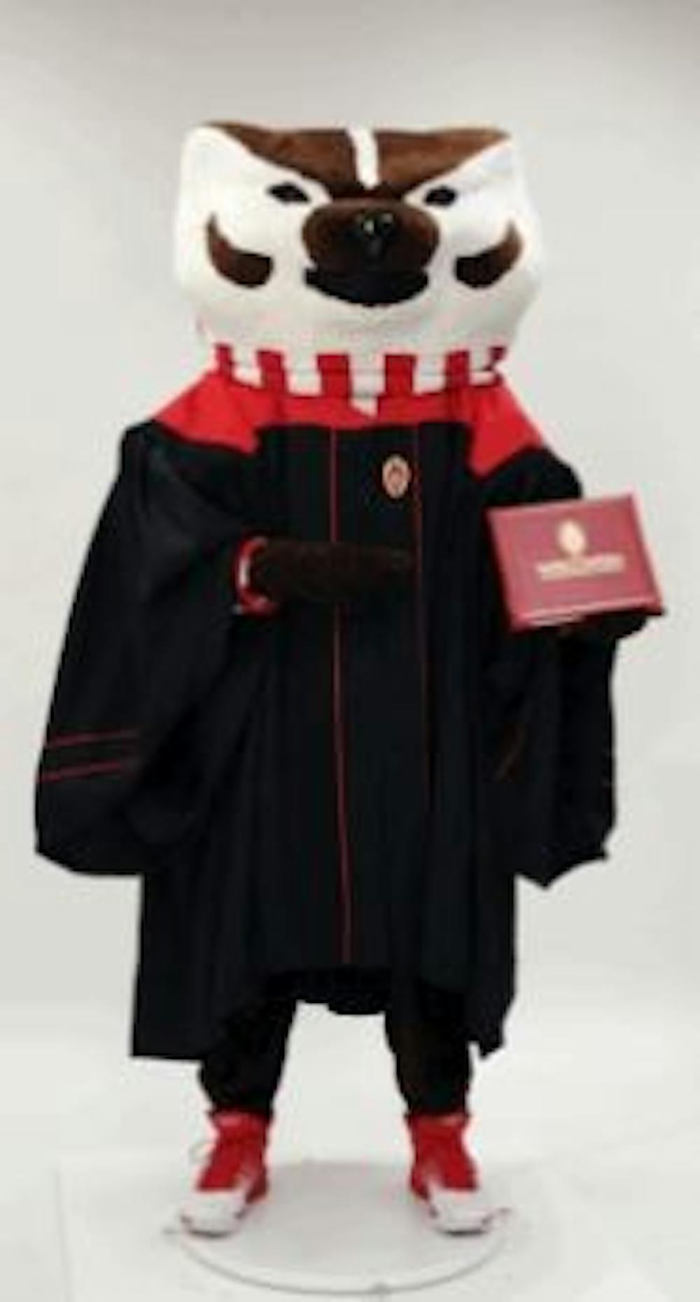 Bucky Badger models the new undergraduate commencement gown.