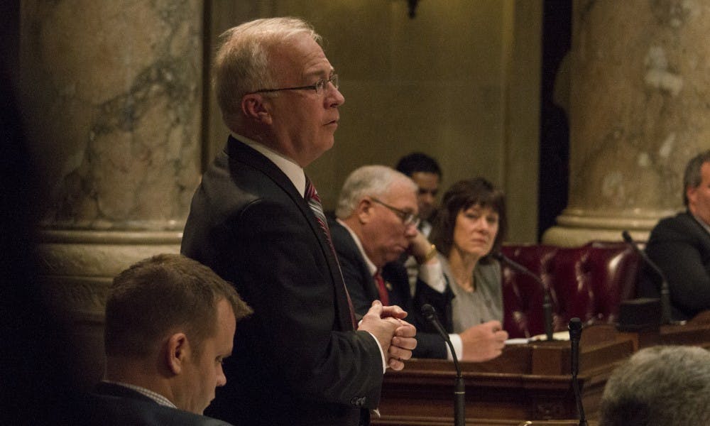 State Sen. Steve Nass, R-Whitewater, speaks in the Wisconsin state Senate chambers.&nbsp;