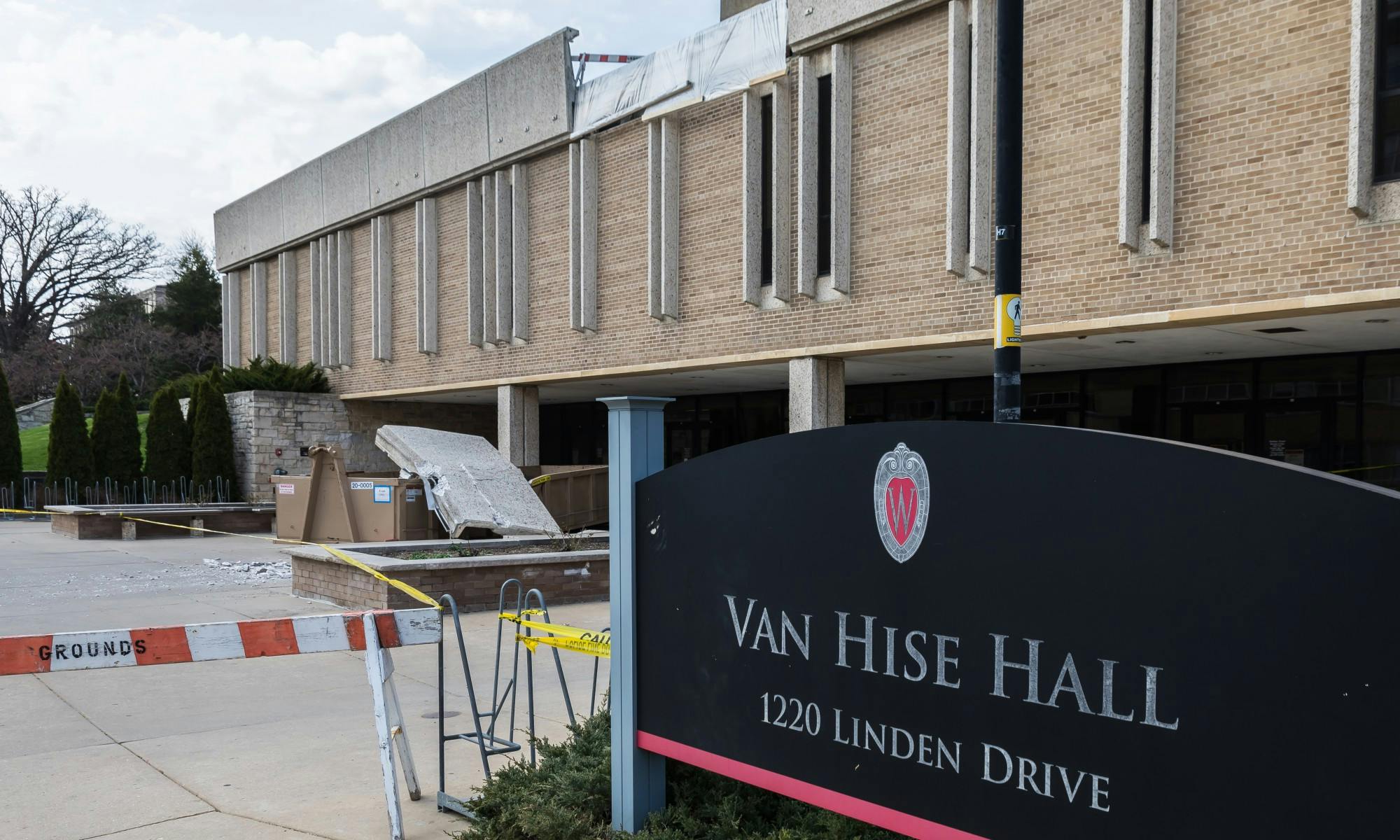Photo of a concrete slab that fell off of Van Hise Hall.