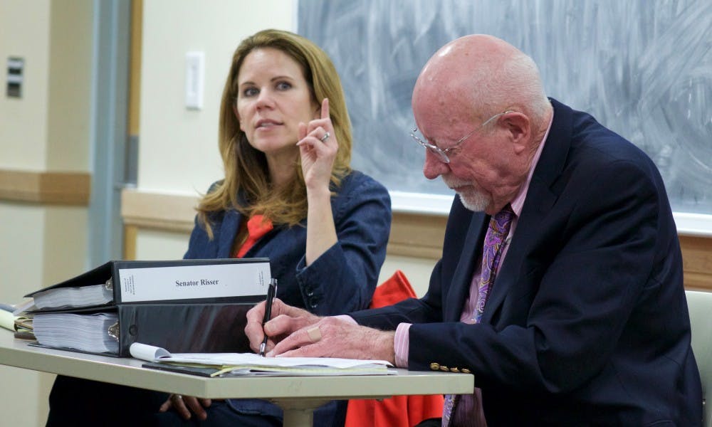 State Rep. Chris Taylor, D-Madison, and state Sen. Fred Risser, D-Madison, discussed the proposed 2017-’19 budget in a campus listening session Thursday.