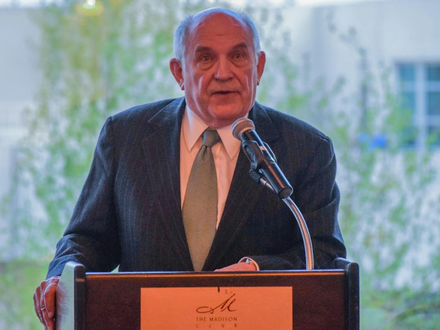 Controversial political scientist Charles Murray gave a speech at the Madison Club with protesters banged drums, honked horns and chanted outside.&nbsp;