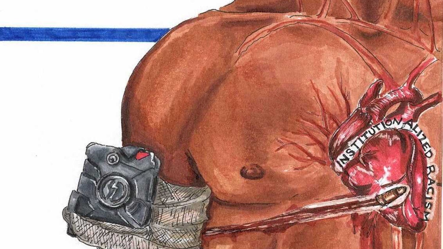Graphic displaying a man shot with in the heart with a bullet that says "institutionalized racism".