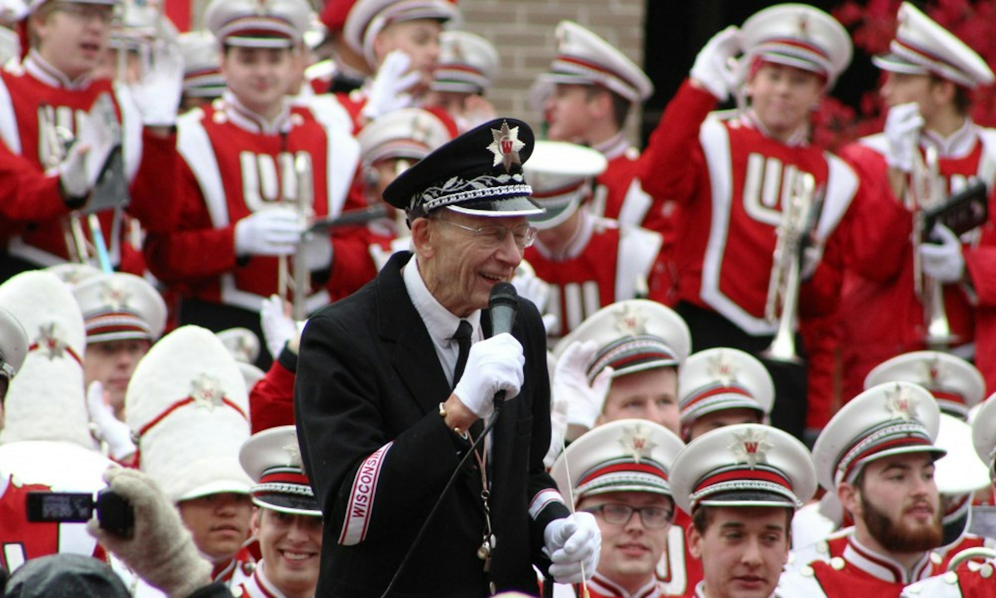 Director of Bands Mike Leckrone stands in front of his marching band for the last time after a career that has lasted half a century.&nbsp;