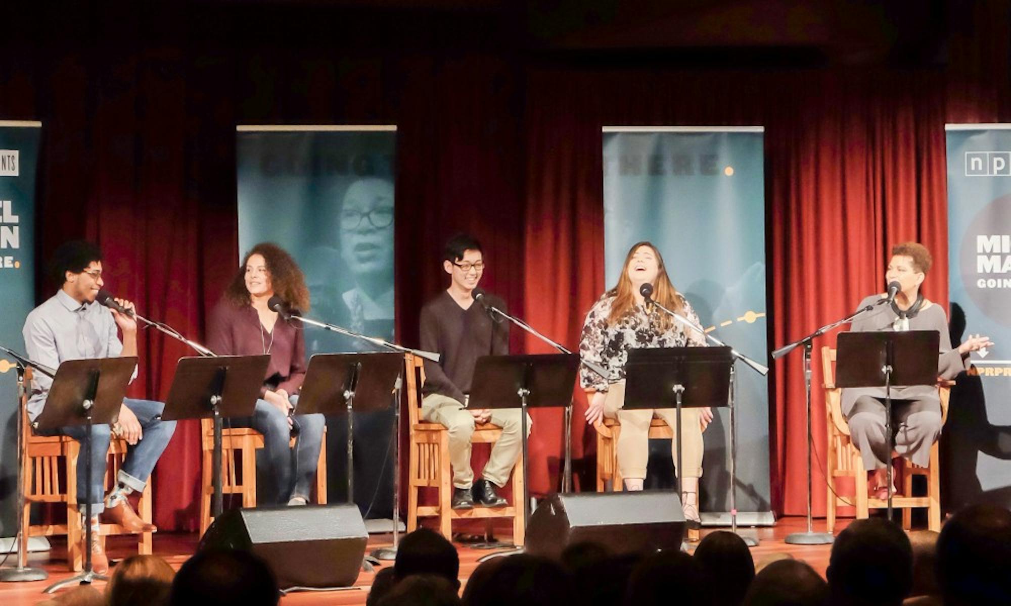 UW-Madison students (from left) Deshawn McKinney, Kaitlynne Roling, Sam Park and Brooke Evans joined host of National Public Radio’s “All Things Considered” Michel Martin for a discussion about why they chose to go to college and what they believe it is for.