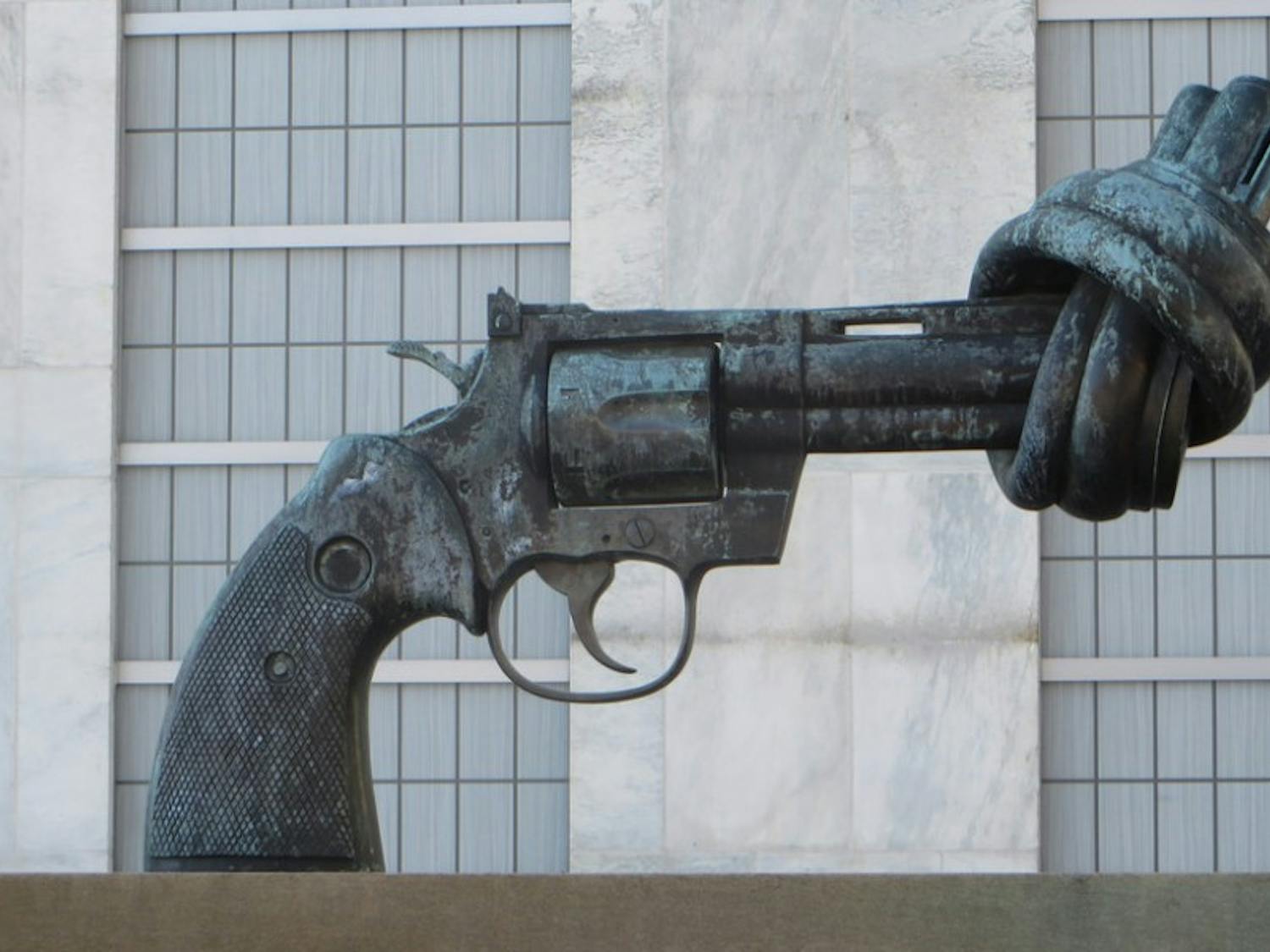 The bronze sculpture “Non-Violence” (above) was donated to the United Nations by the government of Luxembourg in 1988. 